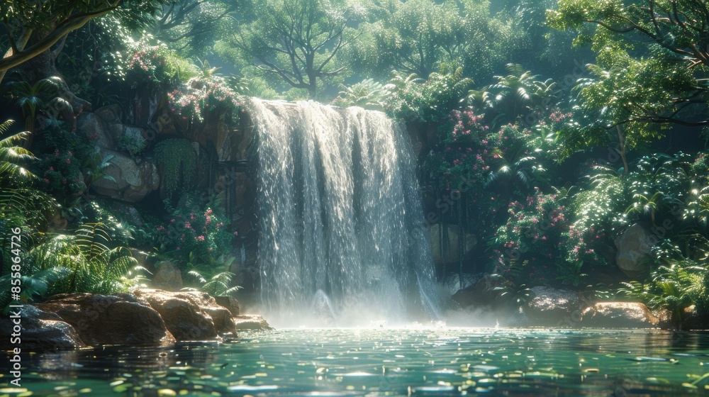Picturesque waterfall amidst a verdant rainforest landscape, framed by towering trees and lush undergrowth. The cascading water forms intricate patterns as it descends over rocks into a clear, Picturesque waterfall amidst a verdant rainforest landscape, framed by towering trees and lush undergrowth. The cascading water forms intricate patterns as it descends over rocks into a clear,