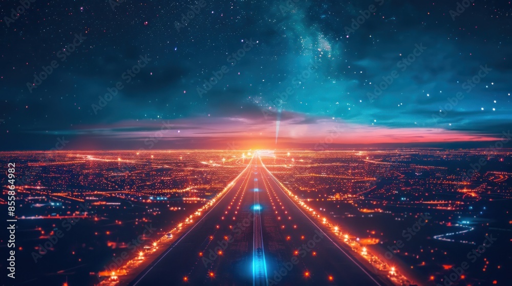 Fototapeta premium A cityscape made of orange and blue lights, a long road leading to the horizon, a city skyline against the night sky with stars. The wide angle lens