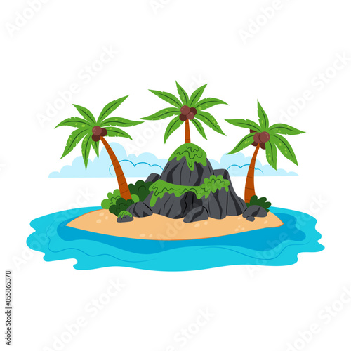 Desert island in flat style on a white background. Island with rock and palm trees. Cartoon island in the ocean.