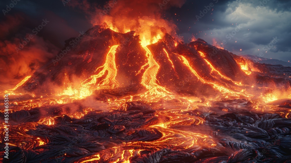 Lava flows down from volcanic peaks, creating a fiery spectacle against the barren backdrop of cooled ash. The dynamic movement of molten rock captures the intense energy and geological processes Lava flows down from volcanic peaks, creating a fiery spectacle against the barren backdrop of cooled ash. The dynamic movement of molten rock captures the intense energy and geological processes