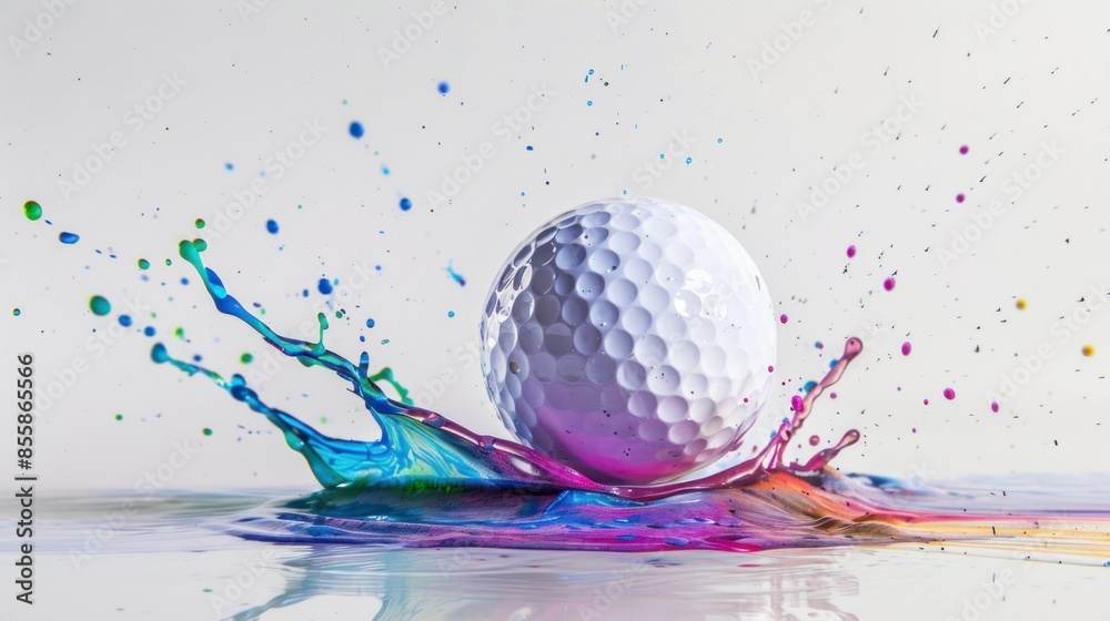 A golf ball with colorful splash on white background wide angle lens A golf ball with colorful splash on white background wide angle lens
