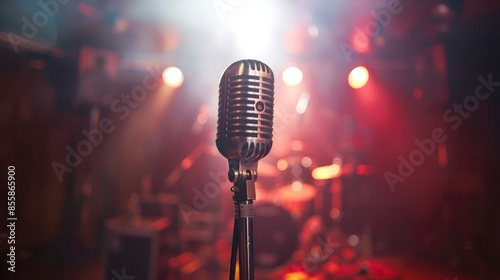 A microphone stands on stage, awaiting its moment to amplify voices and capture the essence of performance in the spotlight wide angle lens