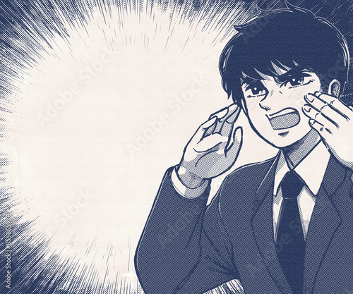 大声を出す会社員の劇画調イラスト広告アイキャッチ