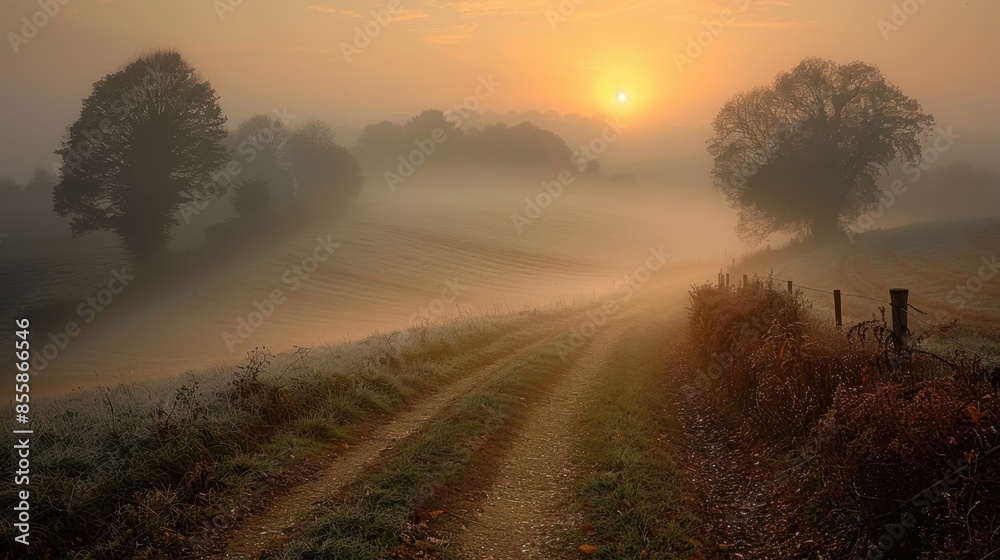 Dawn breaks over a mist-shrouded countryside, revealing the gentle contours of fields and hedgerows in a soft, diffused light. The tranquil beauty of this morning scene captures the essence of rural Dawn breaks over a mist-shrouded countryside, revealing the gentle contours of fields and hedgerows in a soft, diffused light. The tranquil beauty of this morning scene captures the essence of rural