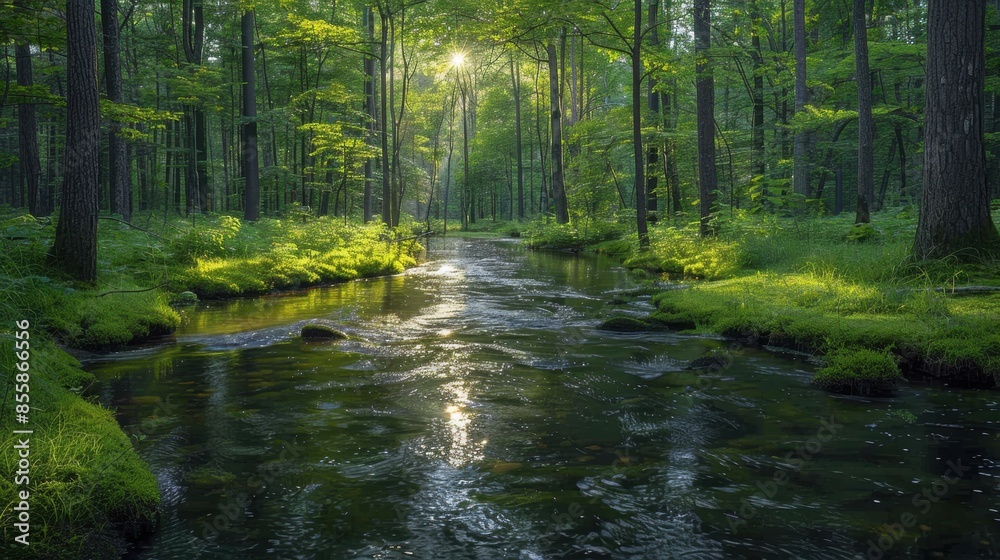 A pristine forest river winding through a verdant landscape, its waters reflecting the lush canopy above and the dappled sunlight filtering through. The crystal-clear clarity of the river offers a A pristine forest river winding through a verdant landscape, its waters reflecting the lush canopy above and the dappled sunlight filtering through. The crystal-clear clarity of the river offers a
