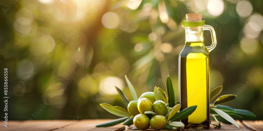 Olive oil bottle, green olives and a branch of olive tree on a wooden table, with copy space for text. Olive oil bottle, green olives and a branch of olive tree on a wooden table, with copy space for text.