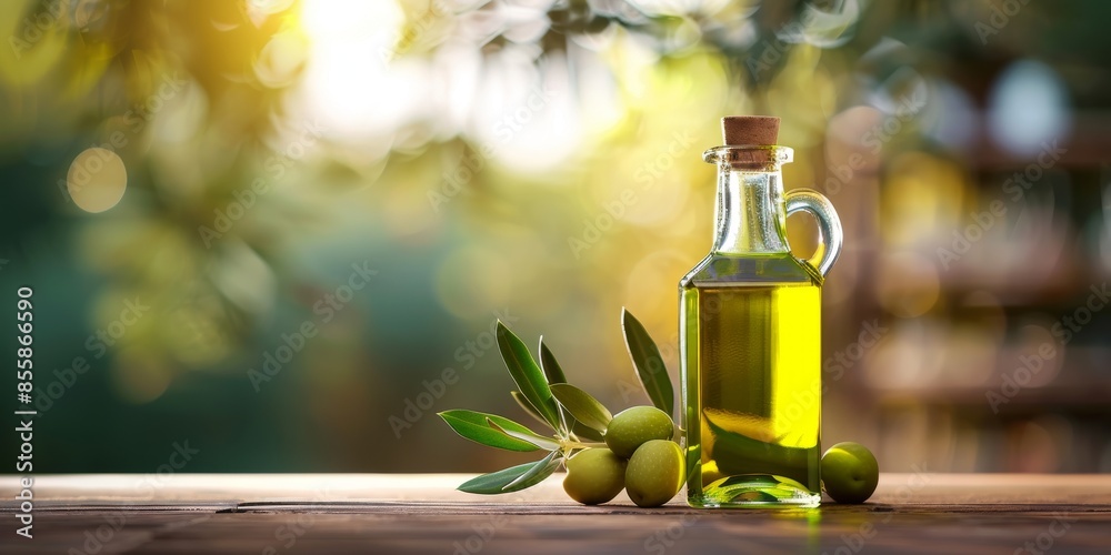 Olive oil bottle, green olives and a branch of olive tree on a wooden table, with copy space for text. Olive oil bottle, green olives and a branch of olive tree on a wooden table, with copy space for text.