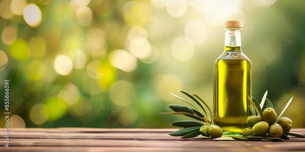 Olive oil bottle, green olives and a branch of olive tree on a wooden table, with copy space for text. Olive oil bottle, green olives and a branch of olive tree on a wooden table, with copy space for text.