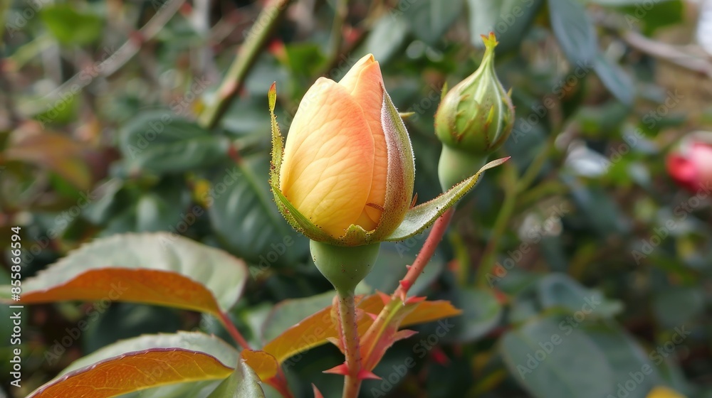 Close up of an attractive rose flower bud in the winter garden Close up of an attractive rose flower bud in the winter garden