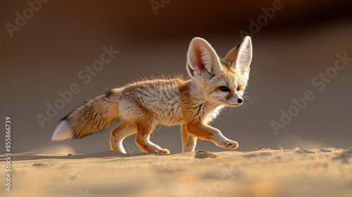 A solitary fennec fox navigates the vast dunes of a desert landscape, its oversized ears alert to the whispering winds and shifting sands. The warm hues of sunset bathe the scene in a golden glow, photo