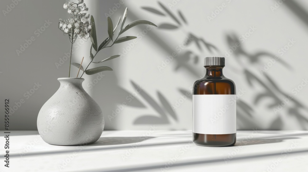 amber glass skin care product mockup with white label on blank bottle wide angle lens amber glass skin care product mockup with white label on blank bottle wide angle lens