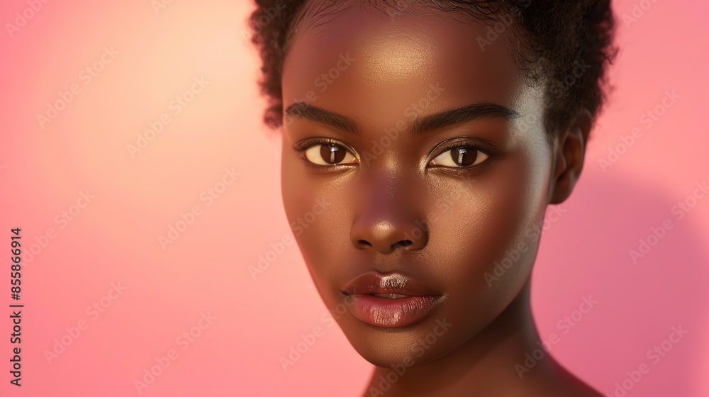 A gorgeous model with a flawless complexion poses before a striking pink cream background, her elegance accentuated by soft lighting A gorgeous model with a flawless complexion poses before a striking pink cream background, her elegance accentuated by soft lighting