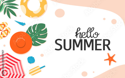 Summer background with beach accessories, umbrella, flip flop, inflatable ring, hat, shell, starfish, palm leaf, ice cream. Design for  for banner, greeting card, flyer, party. 