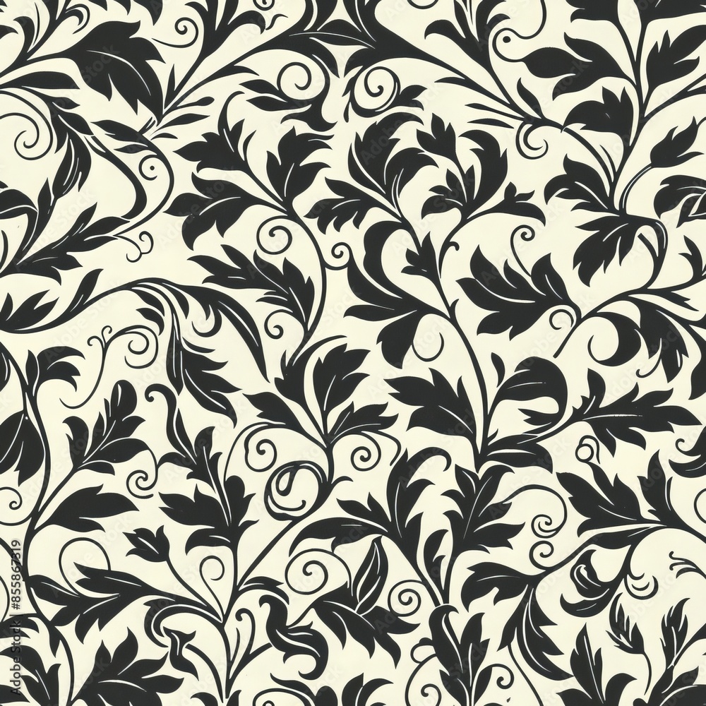 Seamless pattern with leaves and curls. Monochrome abstract floral background. Stylish black and white texture. Seamless pattern with leaves and curls. Monochrome abstract floral background. Stylish black and white texture.