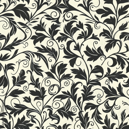 Seamless pattern with leaves and curls. Monochrome abstract floral background. Stylish black and white texture.