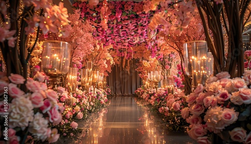 An elegant hall is lavishly decorated with lush pink flower arrangements, creating a luxurious and dreamy atmosphere for a grand event
