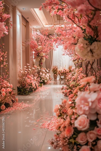 An elegant hall is lavishly decorated with lush pink flower arrangements, creating a luxurious and dreamy atmosphere for a grand event