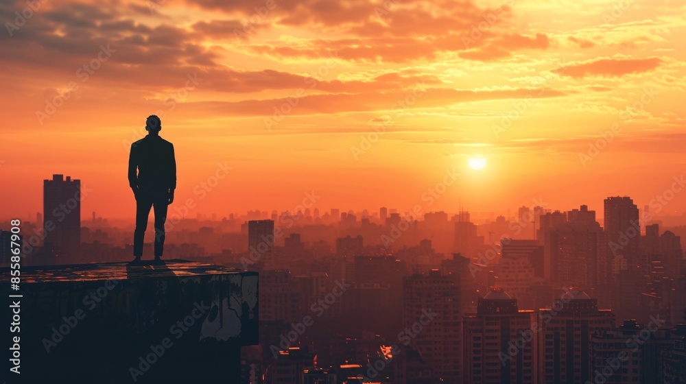 A man standing on a high-rise building at dawn, gazing at the first light of the day illuminating the city below