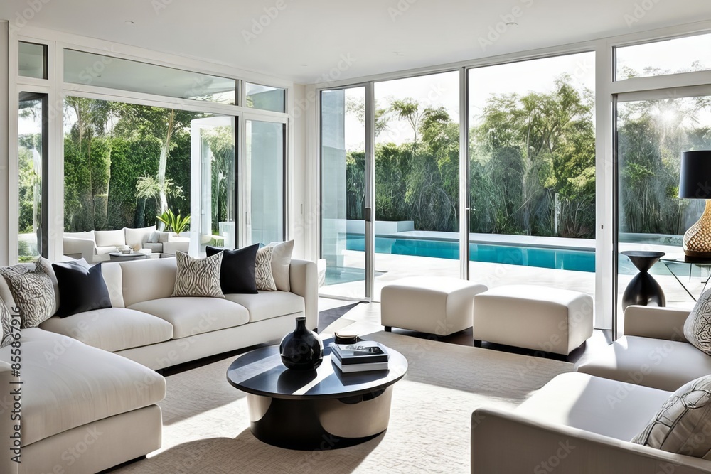Fototapeta premium Natural light illuminating a modern living room with elegant neutral decor.