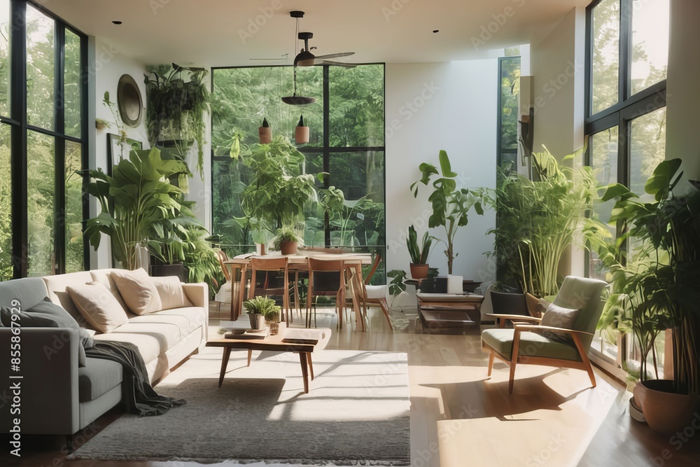 Fototapeta premium Contemporary living room with elegant neutral decor bathed in sunlight.