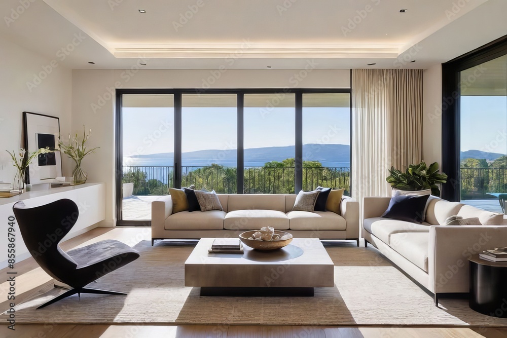 Natural light illuminating a modern living room with elegant neutral decor. Natural light illuminating a modern living room with elegant neutral decor.
