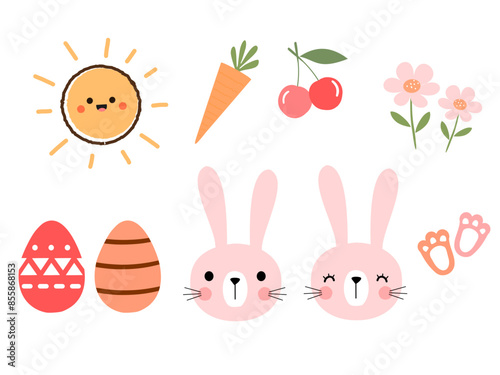 Sun cartoon, carrot, cherry, flower, Easter egg, bunny rabbit and foot prints icon sign isolated on white background vector. 