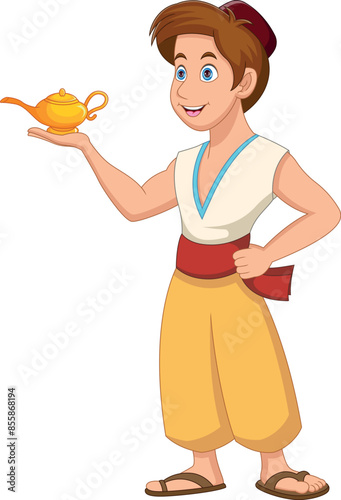 Cartoon aladdin holding magic lamp