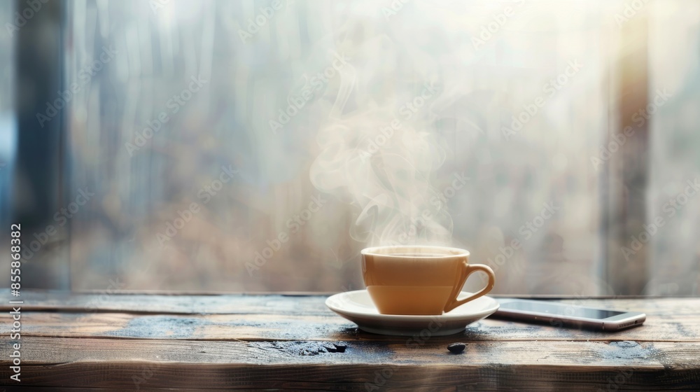 Hot coffee and smartphone on a wooden table with foggy background for text conveying travel and relaxation idea