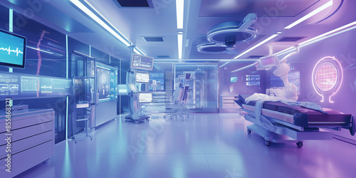 A tech medical facility, featuring advanced diagnostic machines, robotic surgeons, and futuristic patient care technology