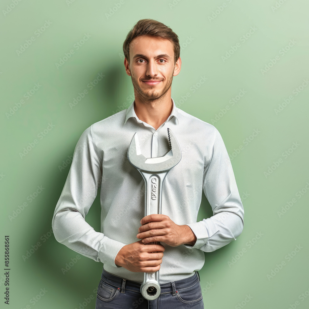 Confident technician holding a large wrench, green background Confident technician holding a large wrench, green background