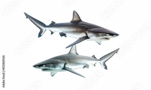 Two blacktip reef sharks swimming synchronously on white background