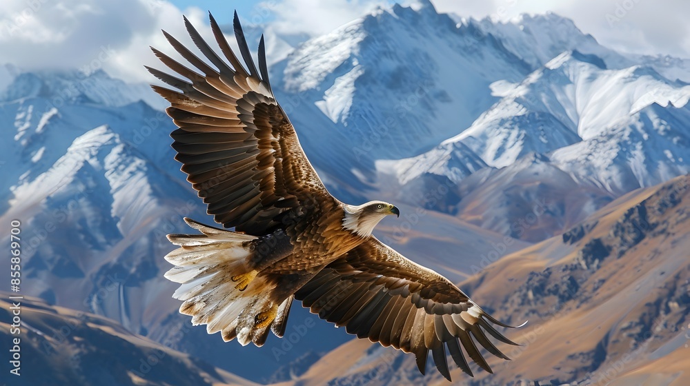 Majestic Eagle Soaring High Above Rugged Mountain Peaks in Dramatic Sky Landscape