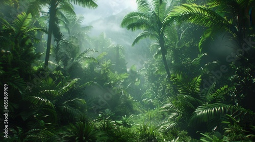 Rainforest scene with dense vegetation and a misty atmosphere © indyntk