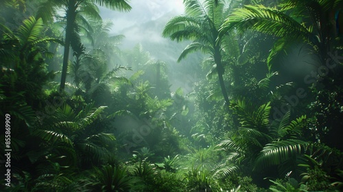 Rainforest scene with dense vegetation and a misty atmosphere