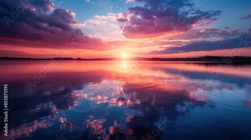 Sunset over a calm lake with reflections of the sky