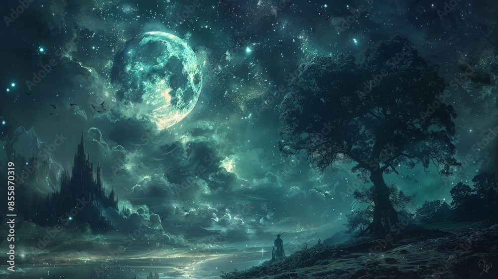 Naklejka premium Fantasy Night Sky with Moon and Castle