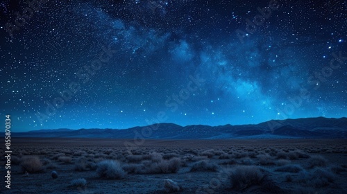 Starry night sky over a serene desert landscape © indyntk