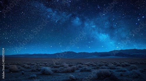 Starry night sky over a serene desert landscape photo