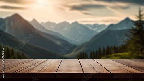 Wooden table front side view with mountains background