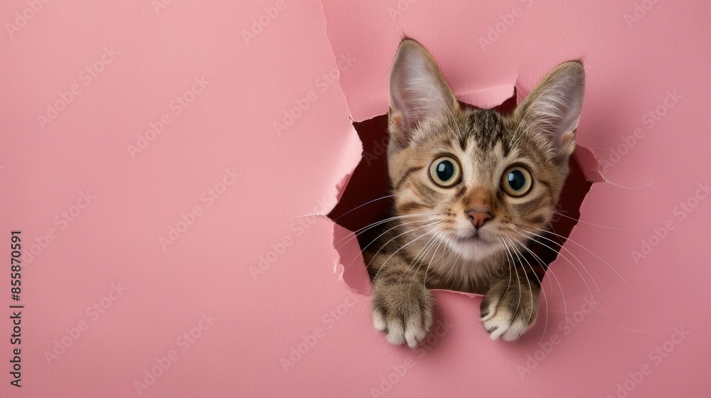 cat peeking through hole in pink paper background with copy space wide angle lens cat peeking through hole in pink paper background with copy space wide angle lens