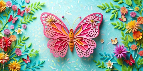 Vibrant kirigami butterfly on a floral background, kirigami, butterfly, vibrant, paper art, intricate, colorful, petals photo