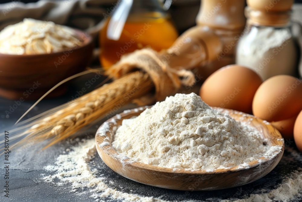 Baking Ingredients with Flour, Eggs, and Honey Baking Ingredients with Flour, Eggs, and Honey