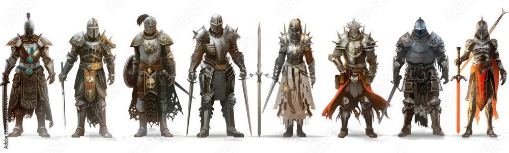 Eight medieval fantasy warriors posing with swords and shields Eight medieval fantasy warriors posing with swords and shields