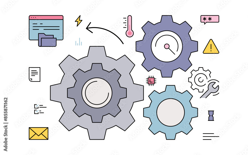 Factory mechanism and gear wheels with machine work technology concept vector illustration.
Factory mechanism and gear wheels with machine work technology concept vector illustration.