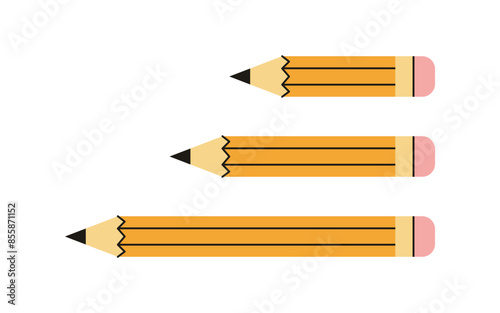 Yellow pencil and wooden object for writing and drawing, cartoon short yellow pencil rubber eraser concept vector illustration.
