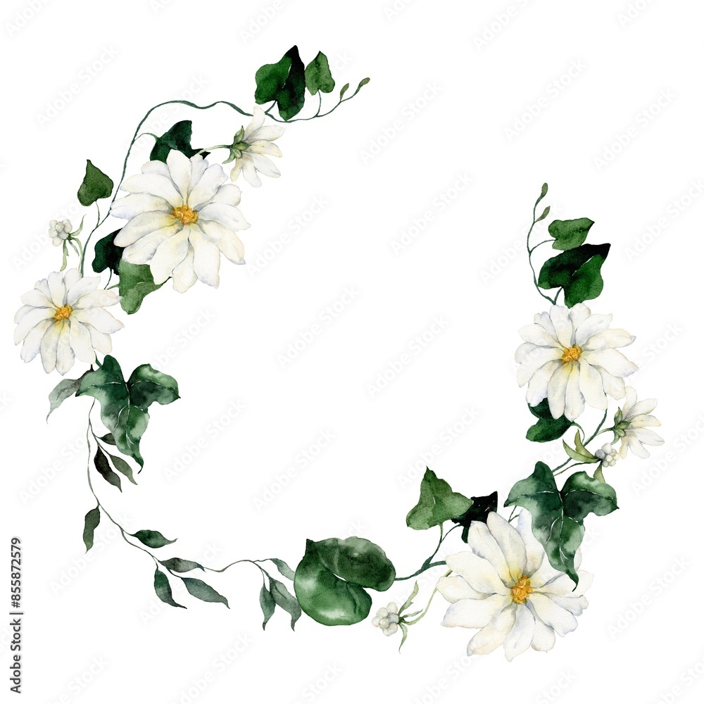 Naklejka premium Watercolor floral wreath featuring flowers, bedstraw and herbs. Hand-drawn frame of a plant bouquet on a white background. An outdoor illustration for design, printing or fabric background.