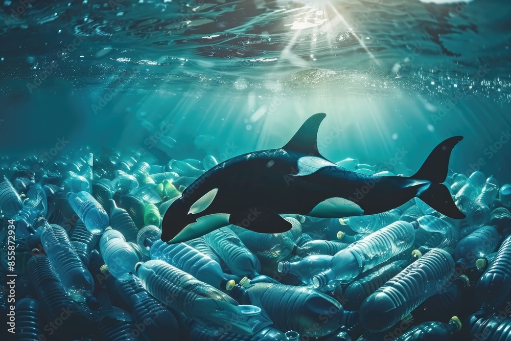 Fototapeta premium Orca Swimming Through Plastic Waste in the Ocean