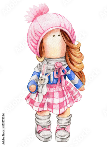 Watercolor hand drawn doll Tilda in dress. Hand drawn watercolor illustration . Design for baby shower party, birthday, cake, holiday celebration design, greetings card, invitation, stickers, posters.