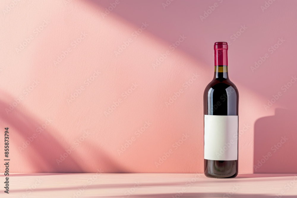 close up horizontal image of a red wine bottle with a blank label over a pink neutral background, copy space close up horizontal image of a red wine bottle with a blank label over a pink neutral background, copy space
