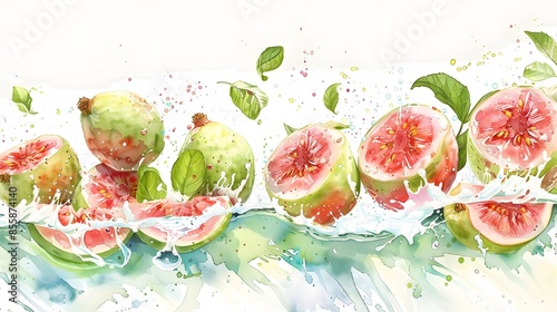 Fresh guava fruits on a wave of juice, watercolor hand drawn illustration. 